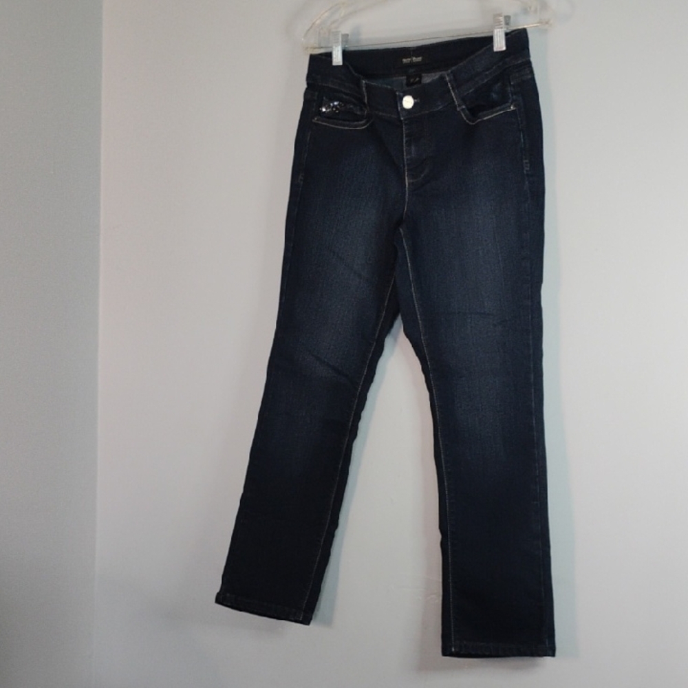 White House Black Market Noir Dark Blue Embellished Pockets Straight Leg Jeans 4